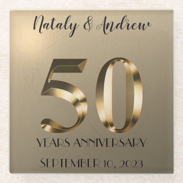 Metallic Gold 50th Wedding Anniversary Glass Coaster (Front)