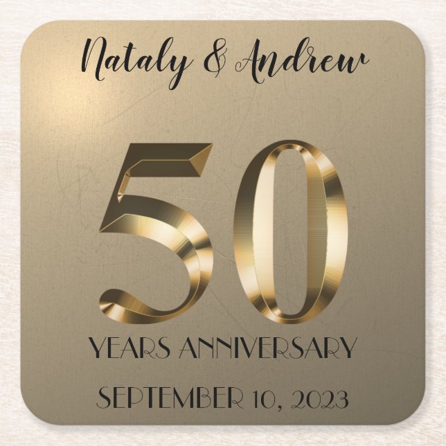Metallic Gold 50th Wedding Anniversary Square Paper Coaster (Front)