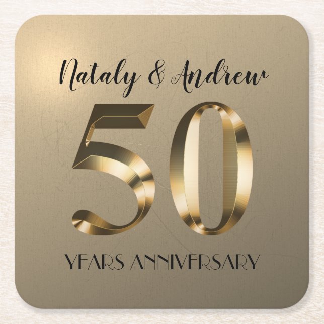 Metallic Gold 50th Wedding Anniversary Square Paper Coaster (Front)