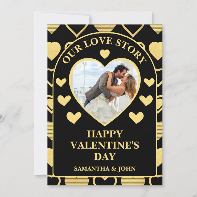 Metallic Gold Accent Hearts Valentine’s Gift Photo Holiday Card (Front)
