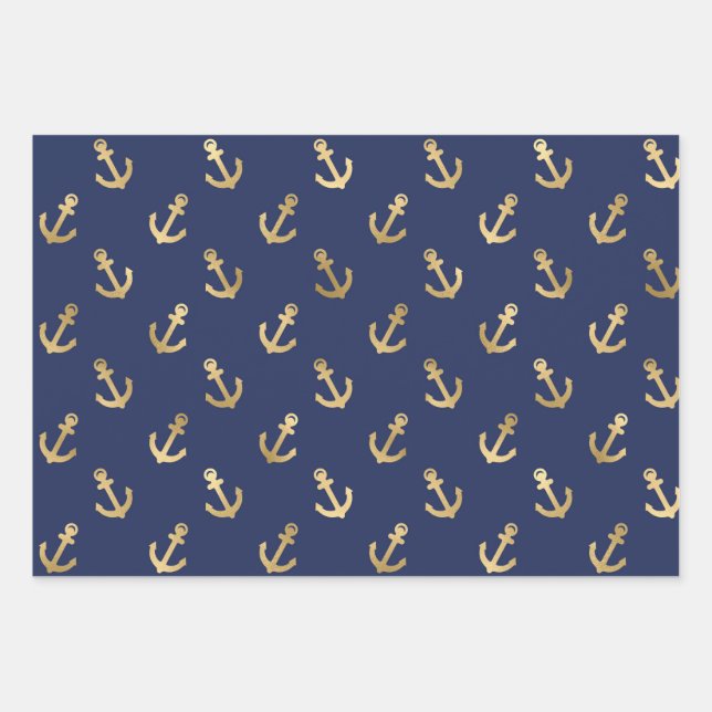 Metallic Gold Anchors on Navy Blue Wrapping Paper Sheet (Front)