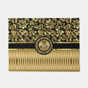 Metallic Gold And Black Damasks And Stripes Doormat