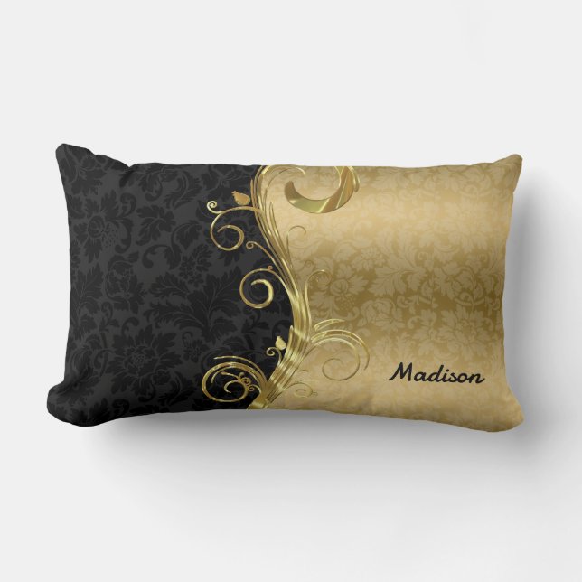 Metallic Gold And Black Floral Damask Lumbar Cushion (Front)