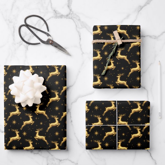 Metallic Gold and Black Reindeer and Stars Wrapping Paper Sheet (Front)