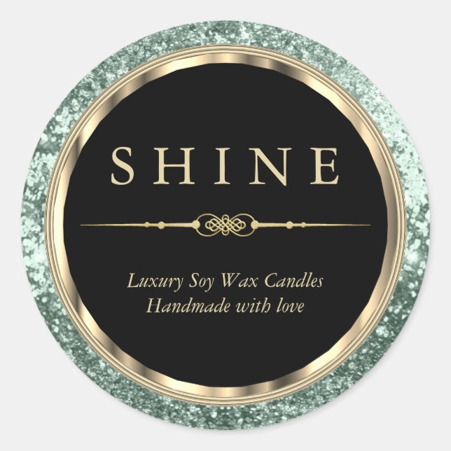 Metallic Gold, Black andMint Green Glitter Classic Round Sticker (Front)