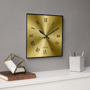 Metallic Gold & Black Border Roman Numerals Square Wall Clock