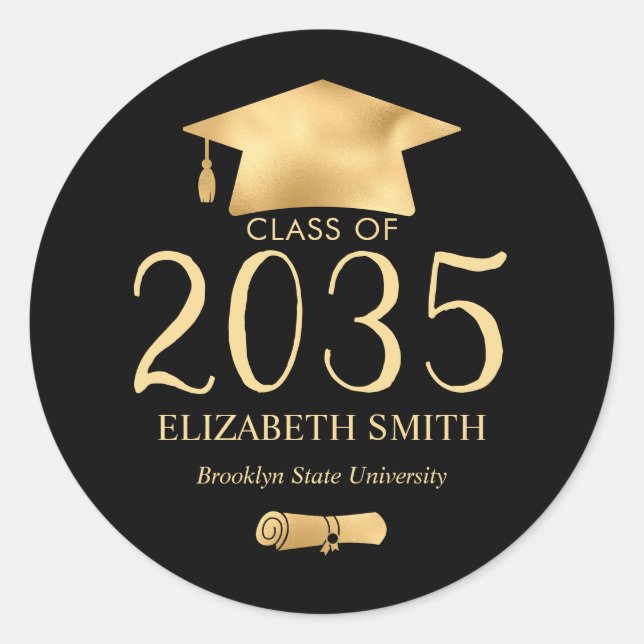 Metallic Gold Black Grad Cap Diploma Graduation Classic Round Sticker (Front)