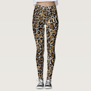 Metallic Gold & Black Leopard Spots on White Leggi Leggings