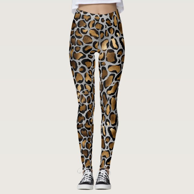 Metallic Gold & Black Leopard Spots on White Leggi Leggings (Front)