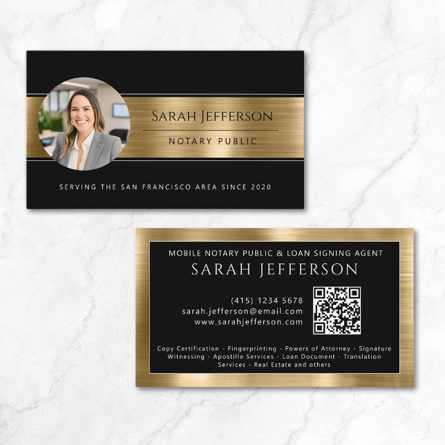 Metallic Gold Black Photo QR Notary Public Business Card (Metallic Gold Black Photo QR Notary Public Business Card)