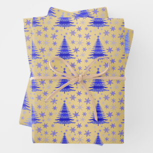 Metallic Gold Blue Christmas Trees Pattern Wrapping Paper Sheet