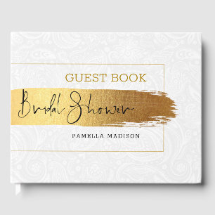 Metallic gold brushstroke modern typography guest book
