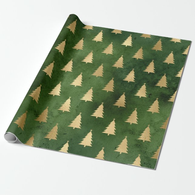Metallic Gold Christmas Trees on Green Wrapping Paper (Unrolled)