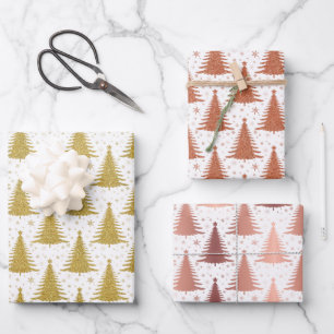 Metallic Gold Christmas Trees Pattern Glitter Wrapping Paper Sheet