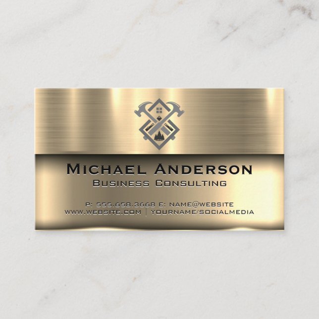 Metallic Gold | Construction Builder Logo Business Card (Front)