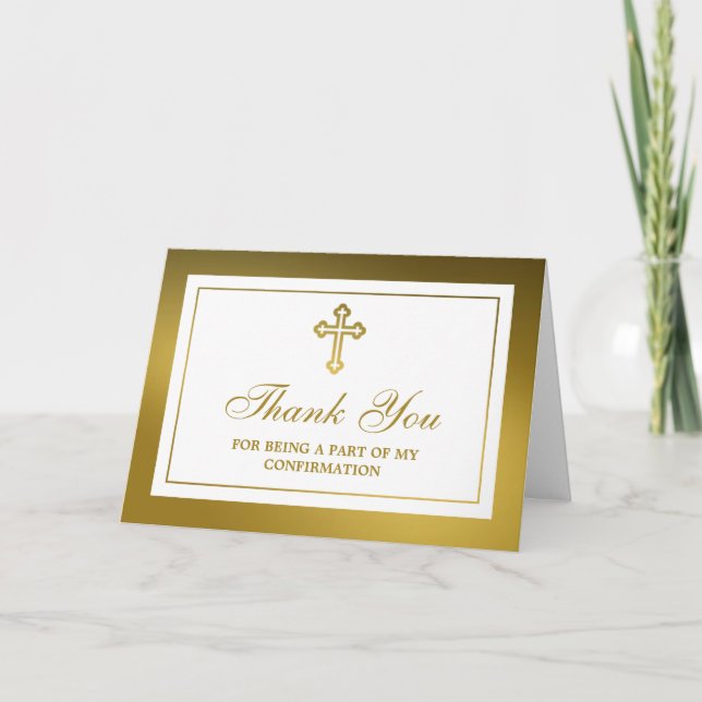 Metallic Gold Cross Holy Communion Or Confirmation Thank You Card (Front)