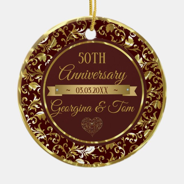 Metallic Gold Damask And Ribbon Ceramic Ornament (Front)