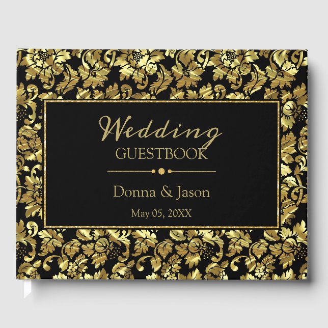 Metallic Gold Damask Pattern Guest Book (Front)