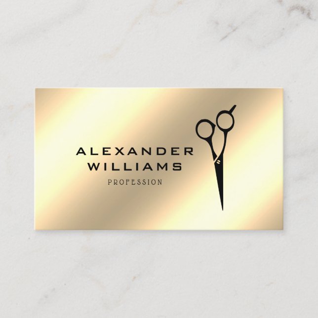 Metallic Gold Effect hairdresser QR Code Scissor Business Card (Front)