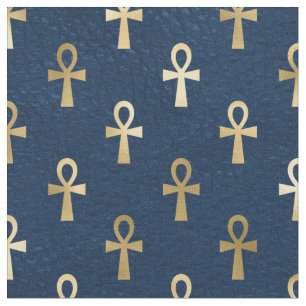Metallic Gold Egyptian Ankh on Navy Blue Fabric