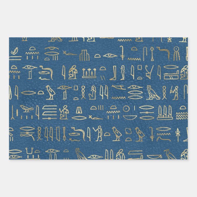 Metallic Gold Egyptian Hieroglyphs on Blue Wrapping Paper Sheet (Front)