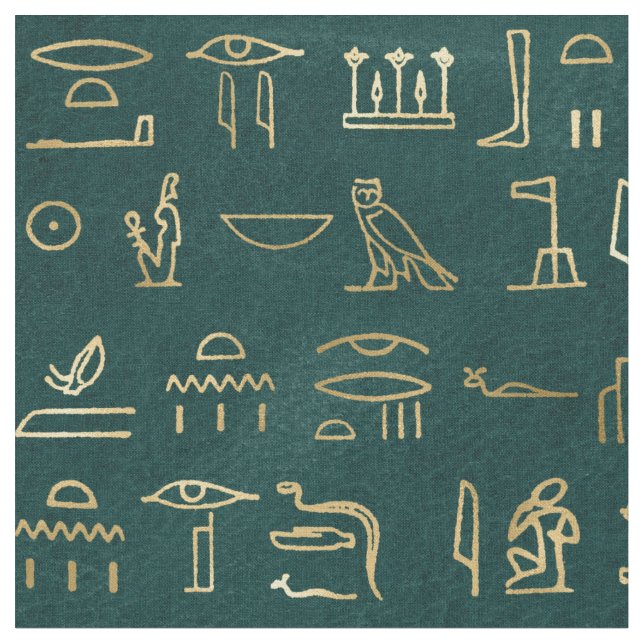 Metallic Gold Egyptian Hieroglyphs on Forest Green Fabric (Close Up)