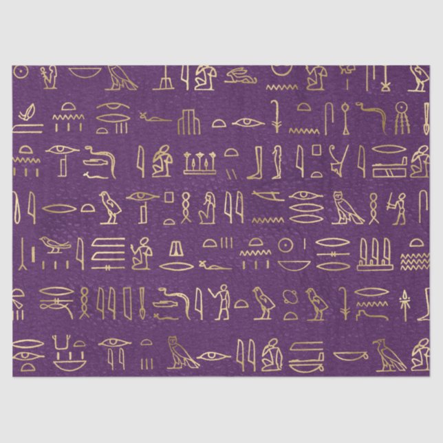 Metallic Gold Egyptian Hieroglyphs on Purple Tissue Paper (Front)