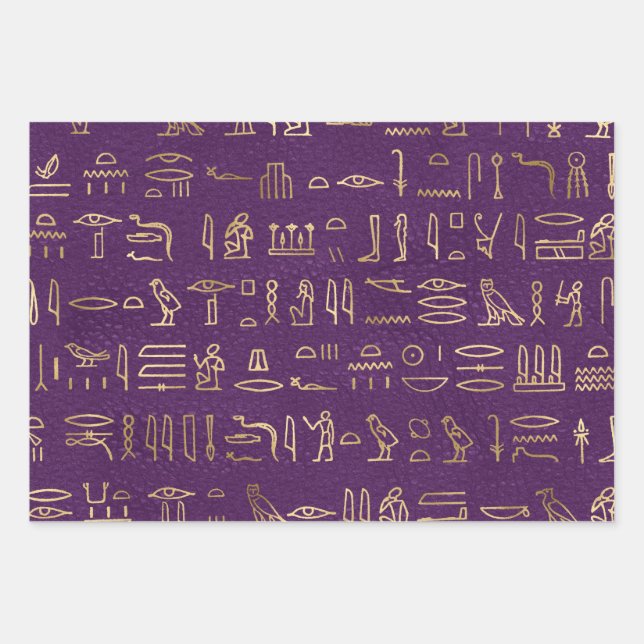 Metallic Gold Egyptian Hieroglyphs on Purple Wrapping Paper Sheet (Front)