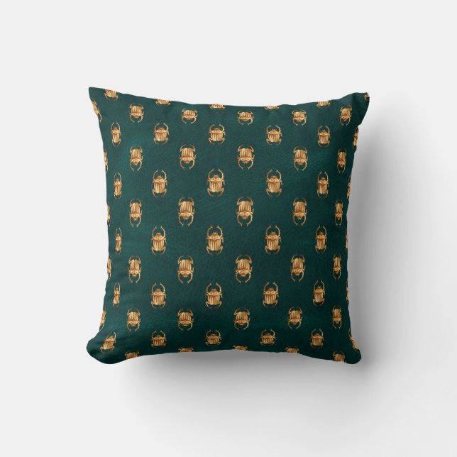 Metallic Gold Egyptian Scarab Beetles on Green Cushion (Front)