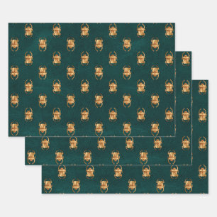 Metallic Gold Egyptian Scarab Beetles on Green Wrapping Paper Sheet