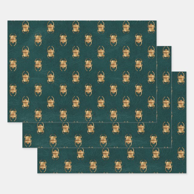 Metallic Gold Egyptian Scarab Beetles on Green Wrapping Paper Sheet (Set)