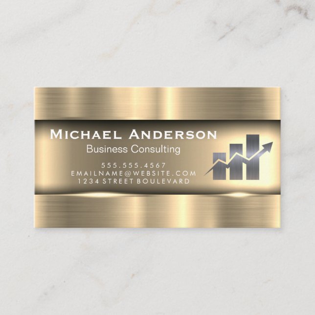 Metallic Gold | Finance Bar Graph Logo Business Card (Front)