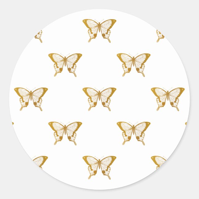 Metallic Gold Foil Butterflies on White Classic Round Sticker (Front)