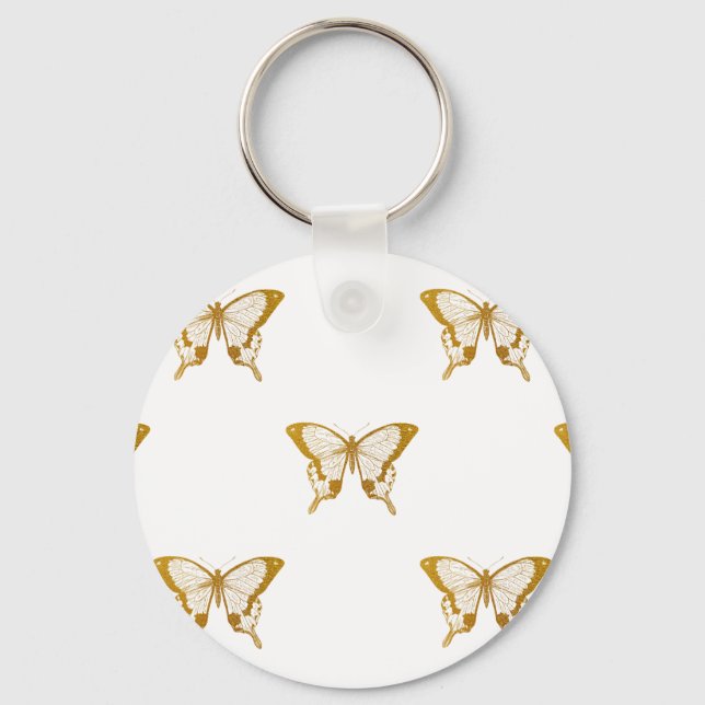 Metallic Gold Foil Butterflies on White Key Ring (Front)