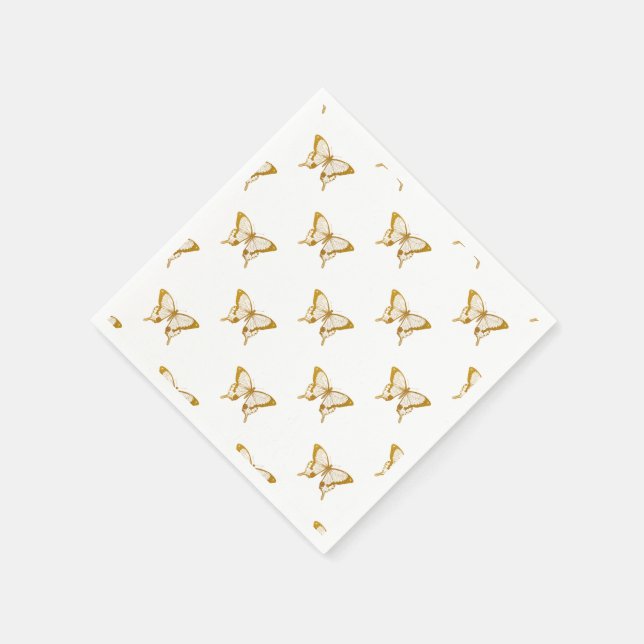 Metallic Gold Foil Butterflies on White Napkin (Corner)