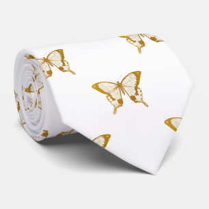 Metallic Gold Foil Butterflies on White Tie
