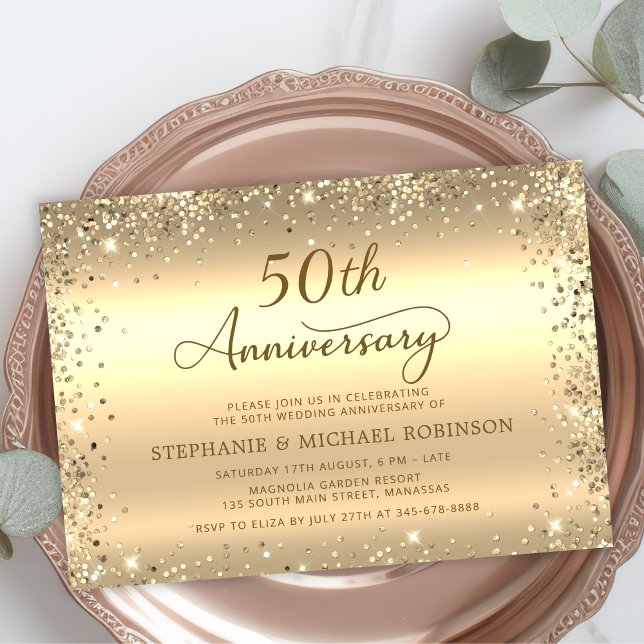  Metallic Gold Glitter 50th Wedding Anniversary Invitation (Creator Uploaded)