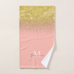 Metallic Gold Glitter Rain + Rose Quartz Monogram Bath Towel Set