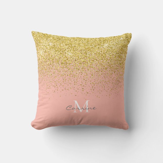 Metallic Gold Glitter Rain + Rose Quartz Monogram Cushion (Front)