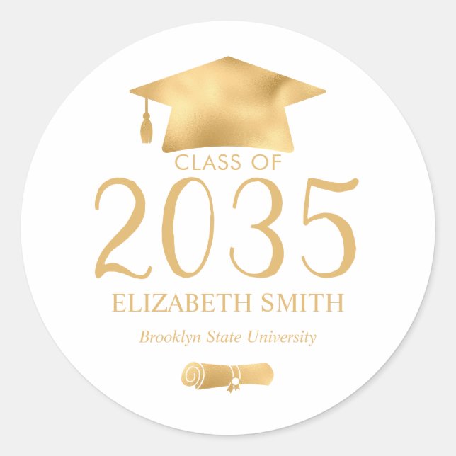 Metallic Gold Grad Cap Diploma Graduation Classic Round Sticker (Front)