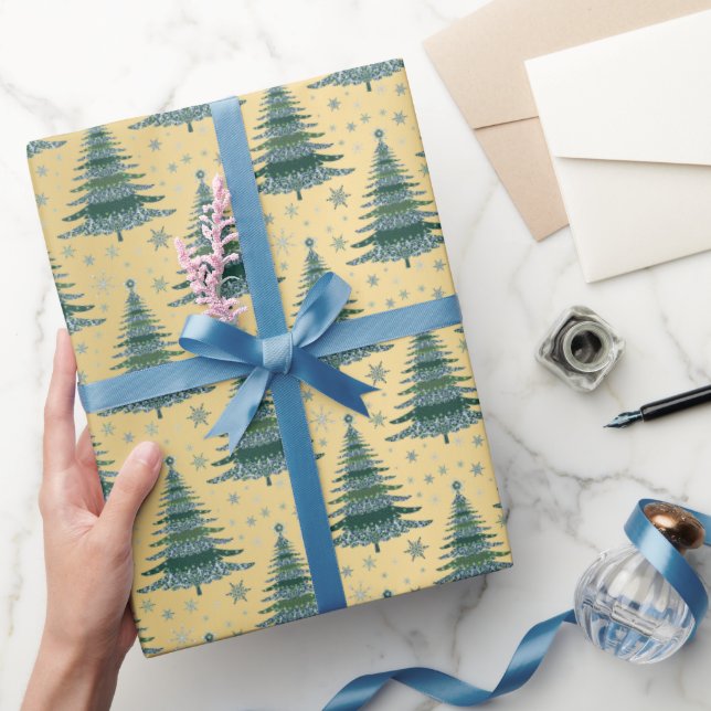 Metallic Gold Green Christmas Trees Pattern Wrapping Paper (Gifting)