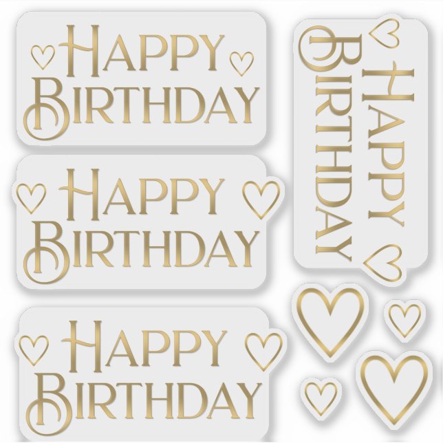 Metallic Gold Happy Birthday Sticker and Hearts (Front)