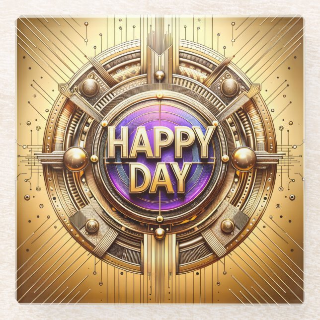 Metallic Gold Happy Day Glass Coaster (Front)