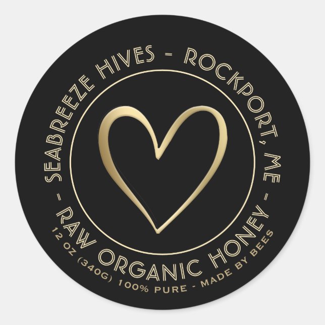 Metallic Gold Heart Organic Honey Jar Label  (Front)