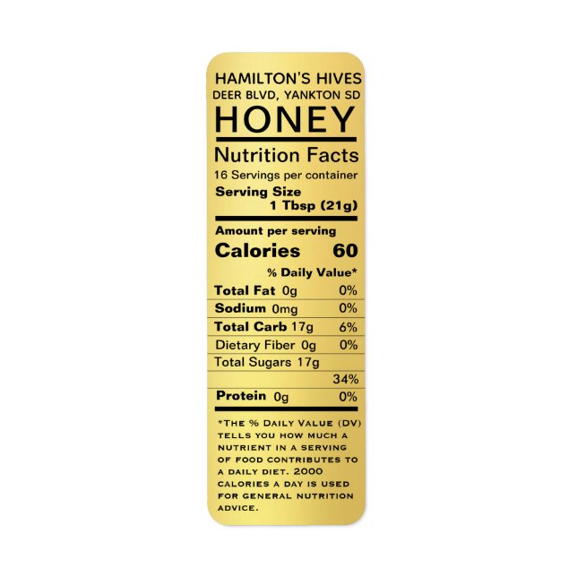 Metallic Gold Honey Nutrition Facts Return Address Label (Front)