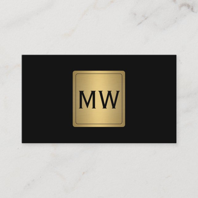 Metallic Gold Label Monogram Black Business Card (Front)