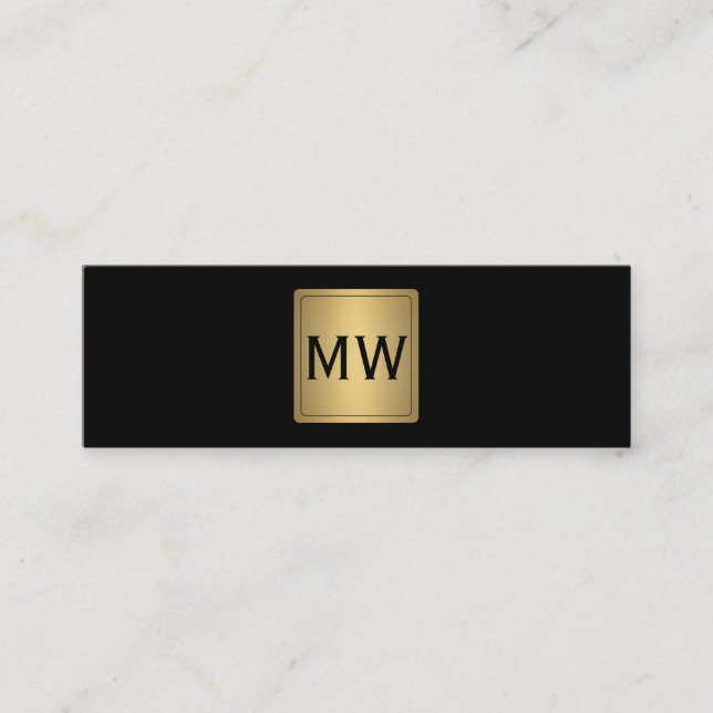 Metallic Gold Label Monogram Black Mini Business Card (Front)