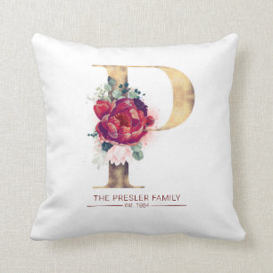 Metallic Gold P Monogram Floral Burgundy Red Cushion