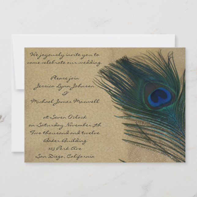 Metallic Gold Peacock Wedding Invitation (Front)