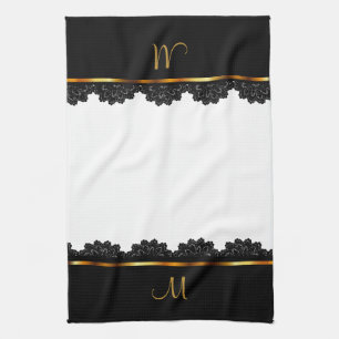 Metallic Gold & Pretty Black Lace Tea Towel